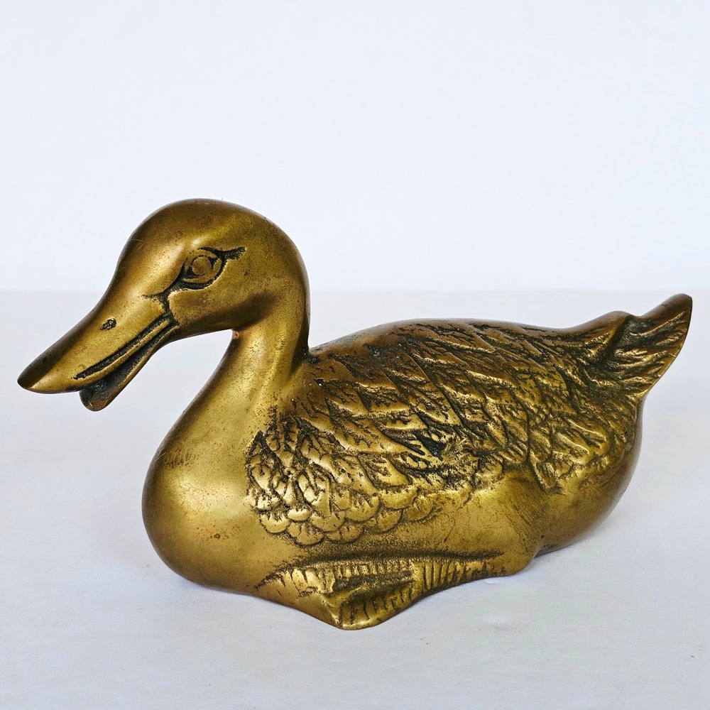 Vintage Brass Duck Figurine Textured Feather Detail Patina Paperweight Decor